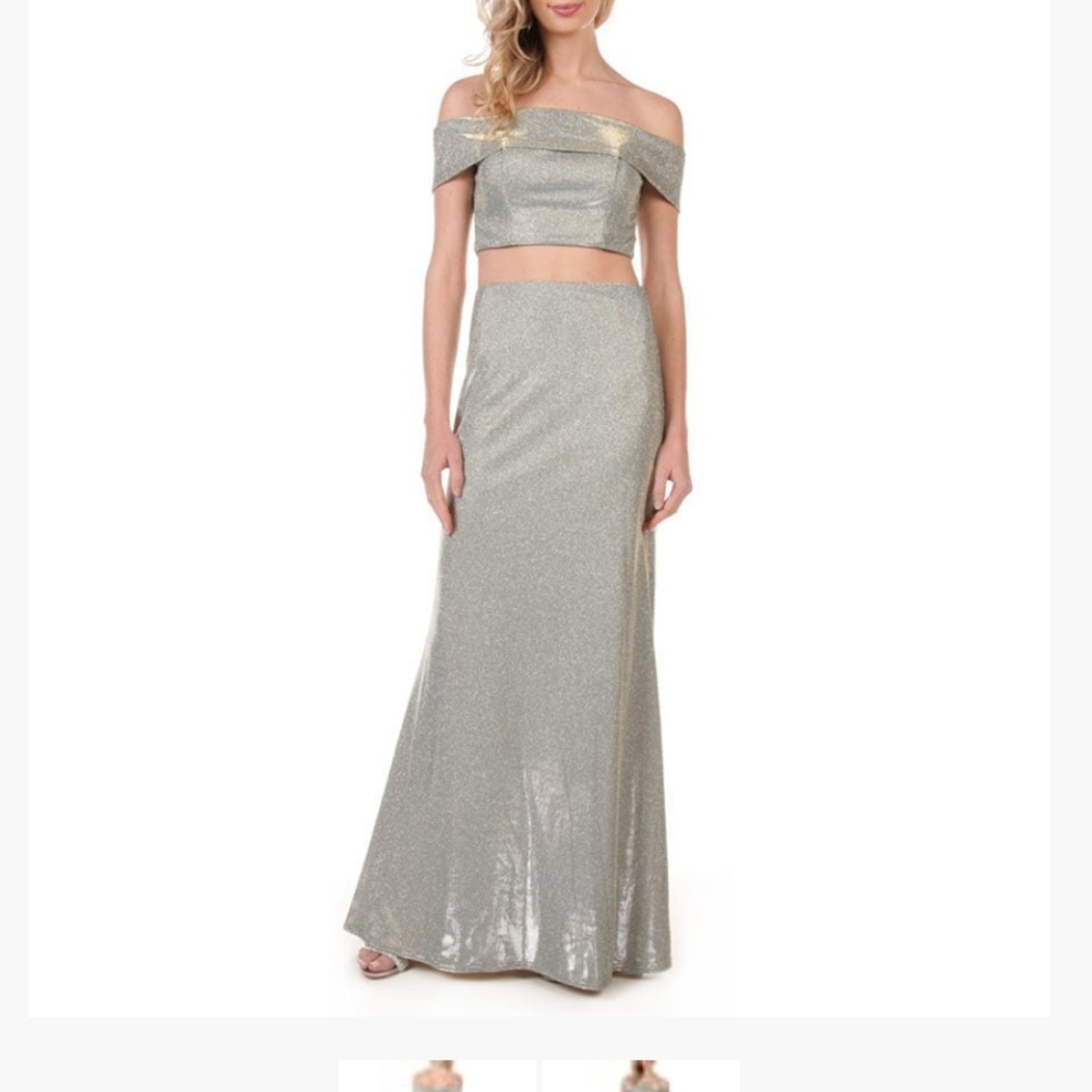 NWT GOLD SILVER SHIMMER 2-PIECE STRETCH PROMDRESS Jr 13 Ladies size 10/12 or L
